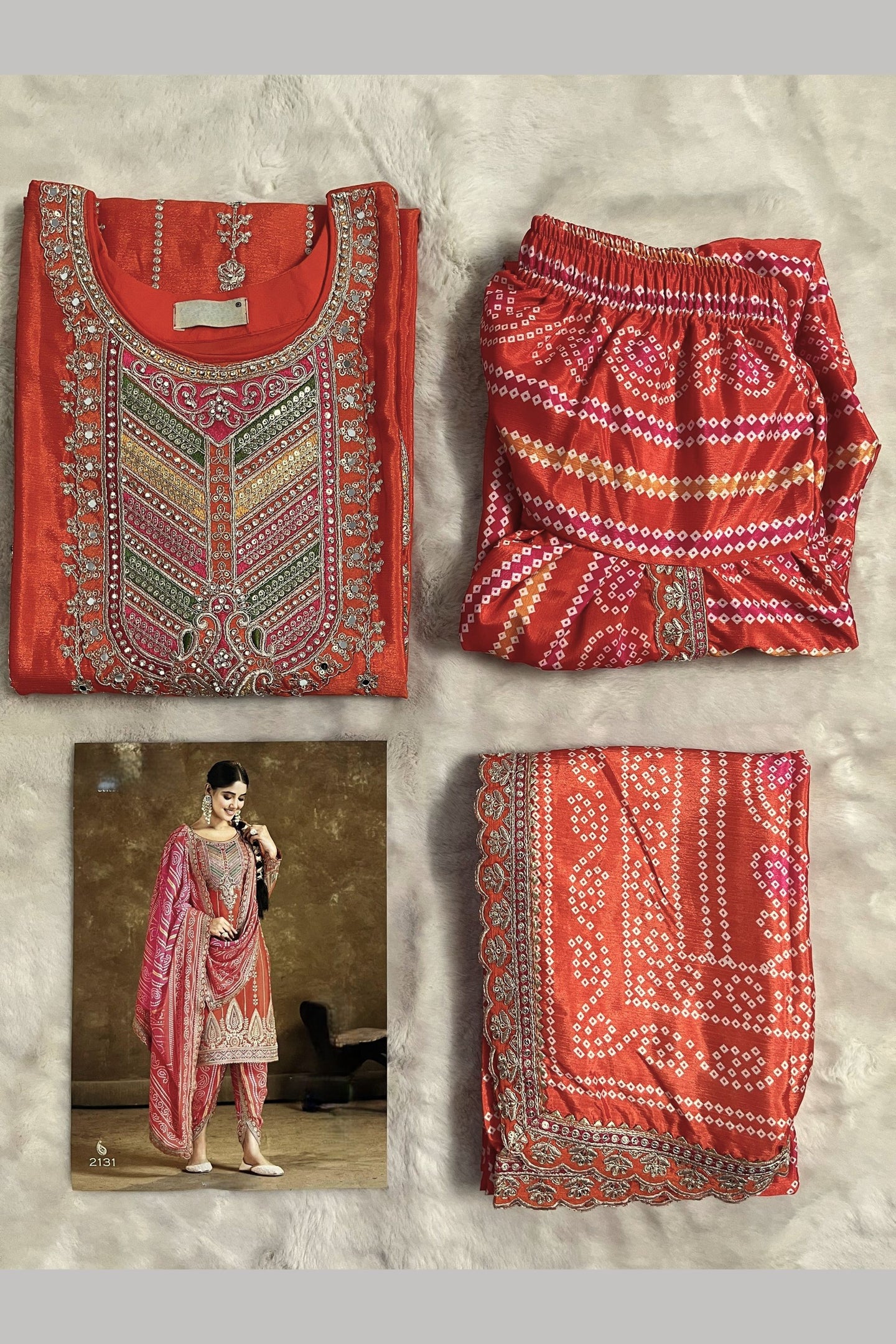 Orange Chinon Silk Kameez with Dhoti For Indian Festivals & Weddings - Embroidery Work, Print Work, Mirror Work