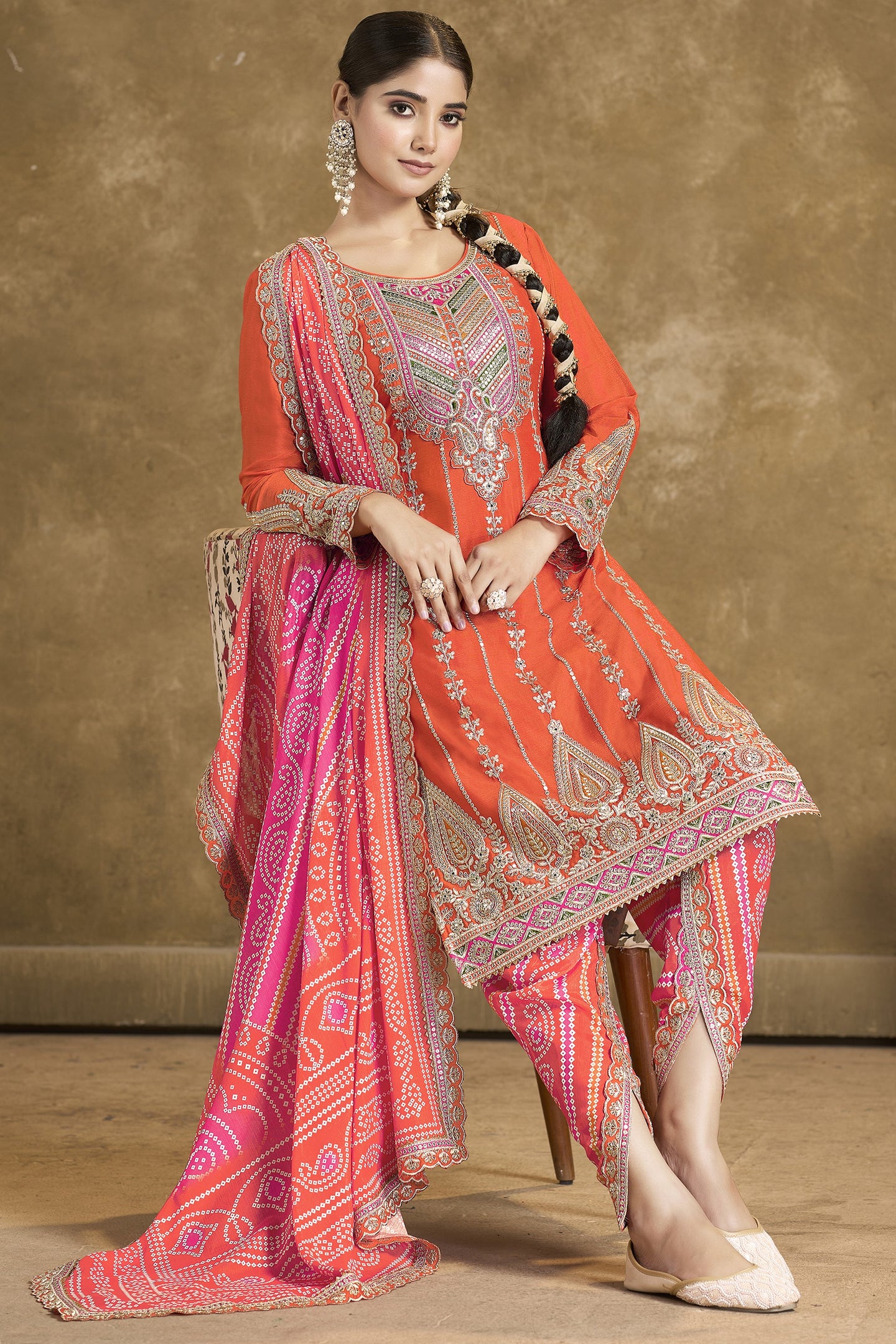 Orange Chinon Silk Kameez with Pant For Indian Festivals & Weddings - Embroidery Work, Print Work, Mirror Work