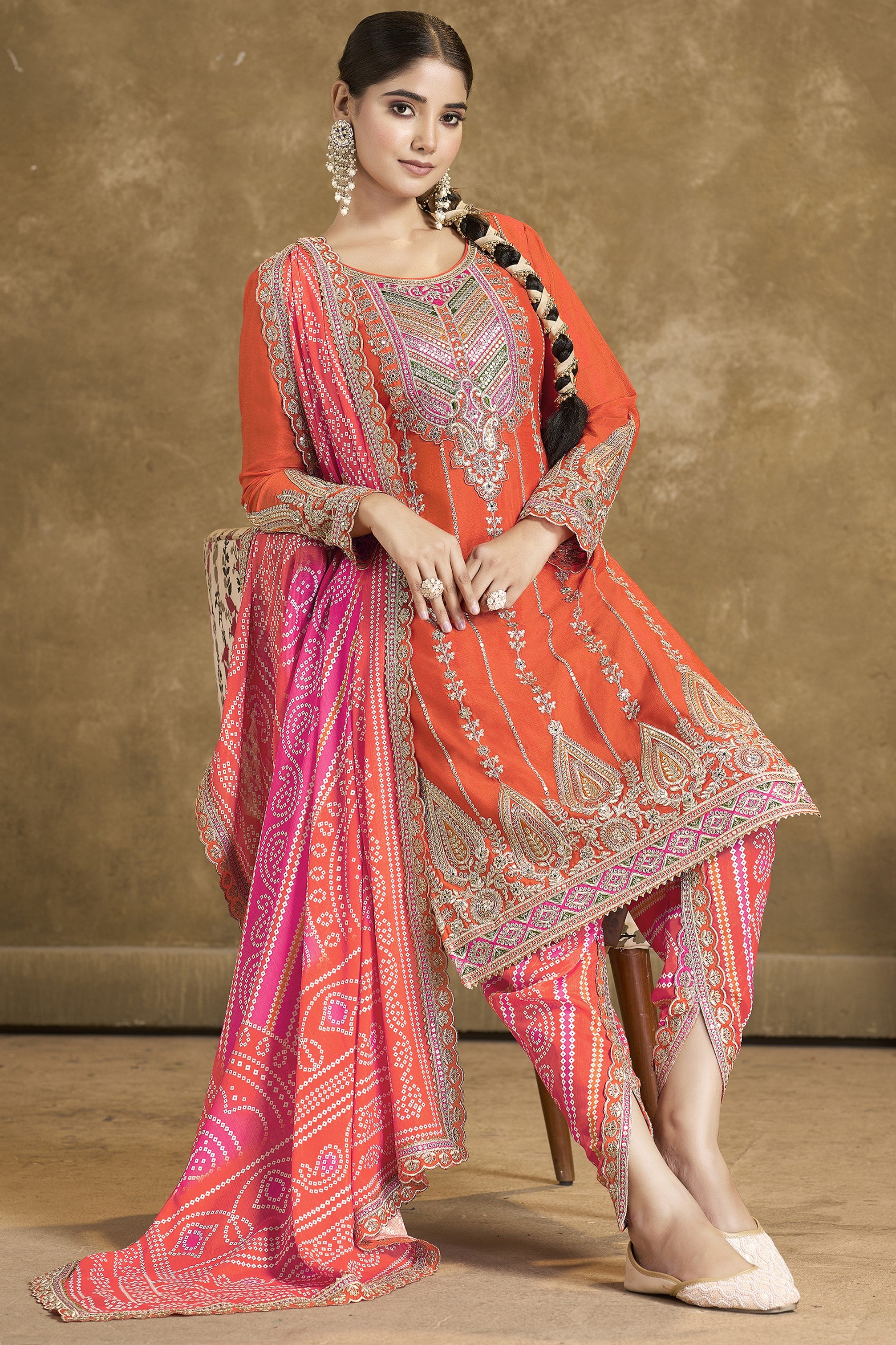 Orange Chinon Silk Kameez with Pant For Indian Festivals & Weddings - Embroidery Work, Print Work, Mirror Work