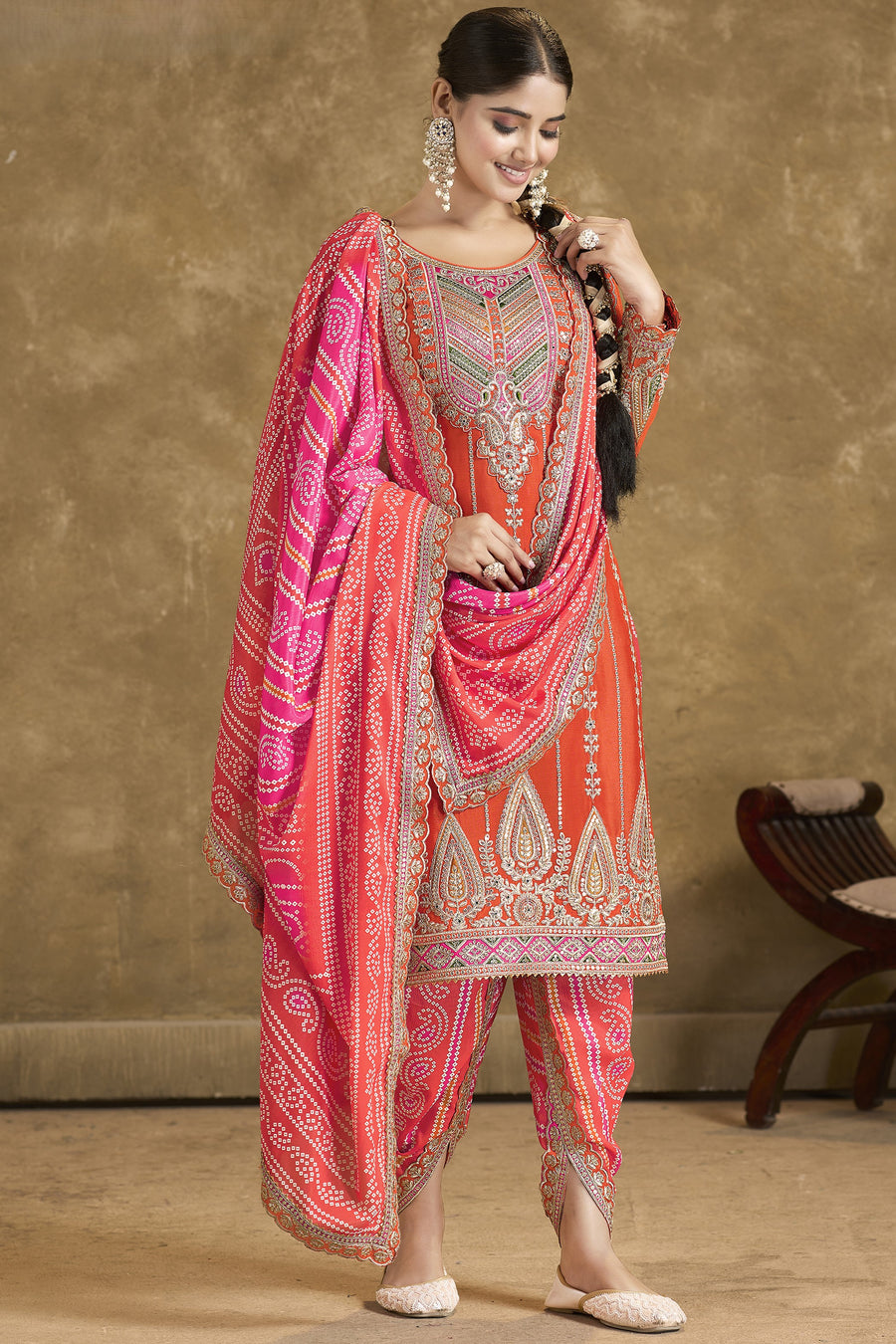 Orange Chinon Silk Kameez with Pant For Indian Festivals & Weddings - Embroidery Work, Print Work, Mirror Work