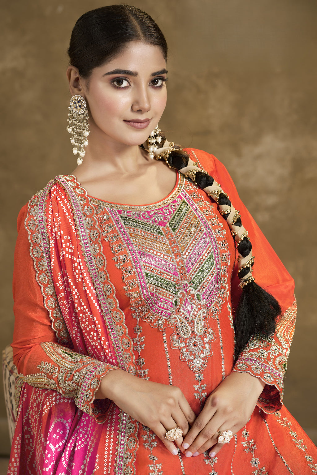 Orange Chinon Silk Kameez with Pant For Indian Festivals & Weddings - Embroidery Work, Print Work, Mirror Work