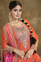 Orange Chinon Silk Kameez with Pant For Indian Festivals & Weddings - Embroidery Work, Print Work, Mirror Work