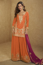 Orange Chinon Silk Plazo Suit For Indian & Pakistani Wedding Festival - Thread Embroidery Work