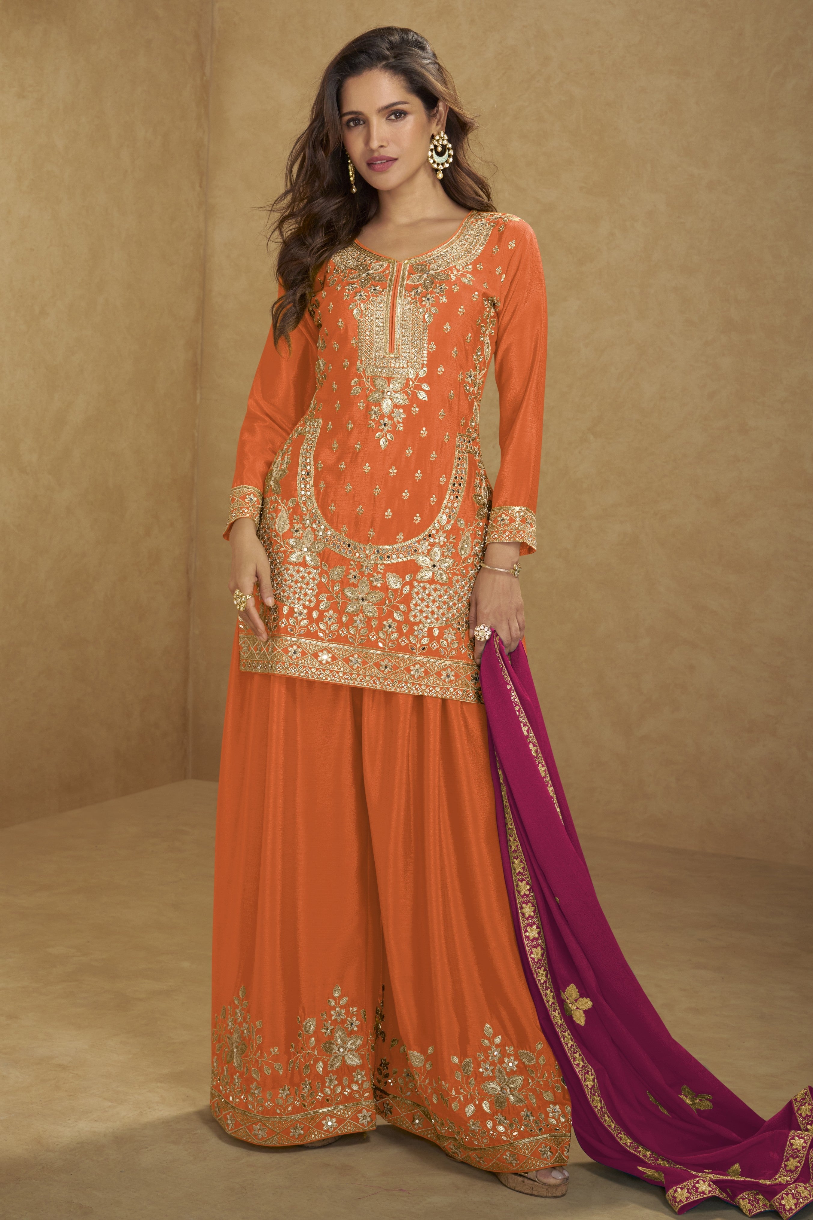 Orange Chinon Silk Plazo Suit For Indian & Pakistani Wedding Festival - Thread Embroidery Work