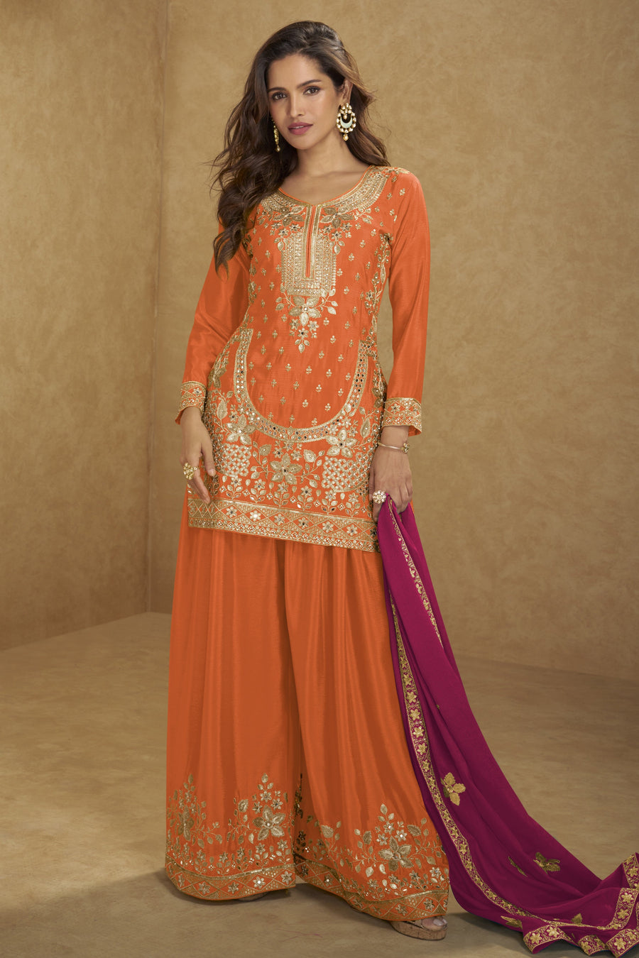 Orange Chinon Silk Plazo Suit For Indian & Pakistani Wedding Festival - Thread Embroidery Work