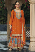 Orange Chinon Silk Plazo Suit For Indian & Pakistani Wedding Festival - Embroidery Work