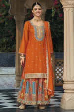 Orange Chinon Silk Plazo Suit For Indian & Pakistani Wedding Festival - Embroidery Work