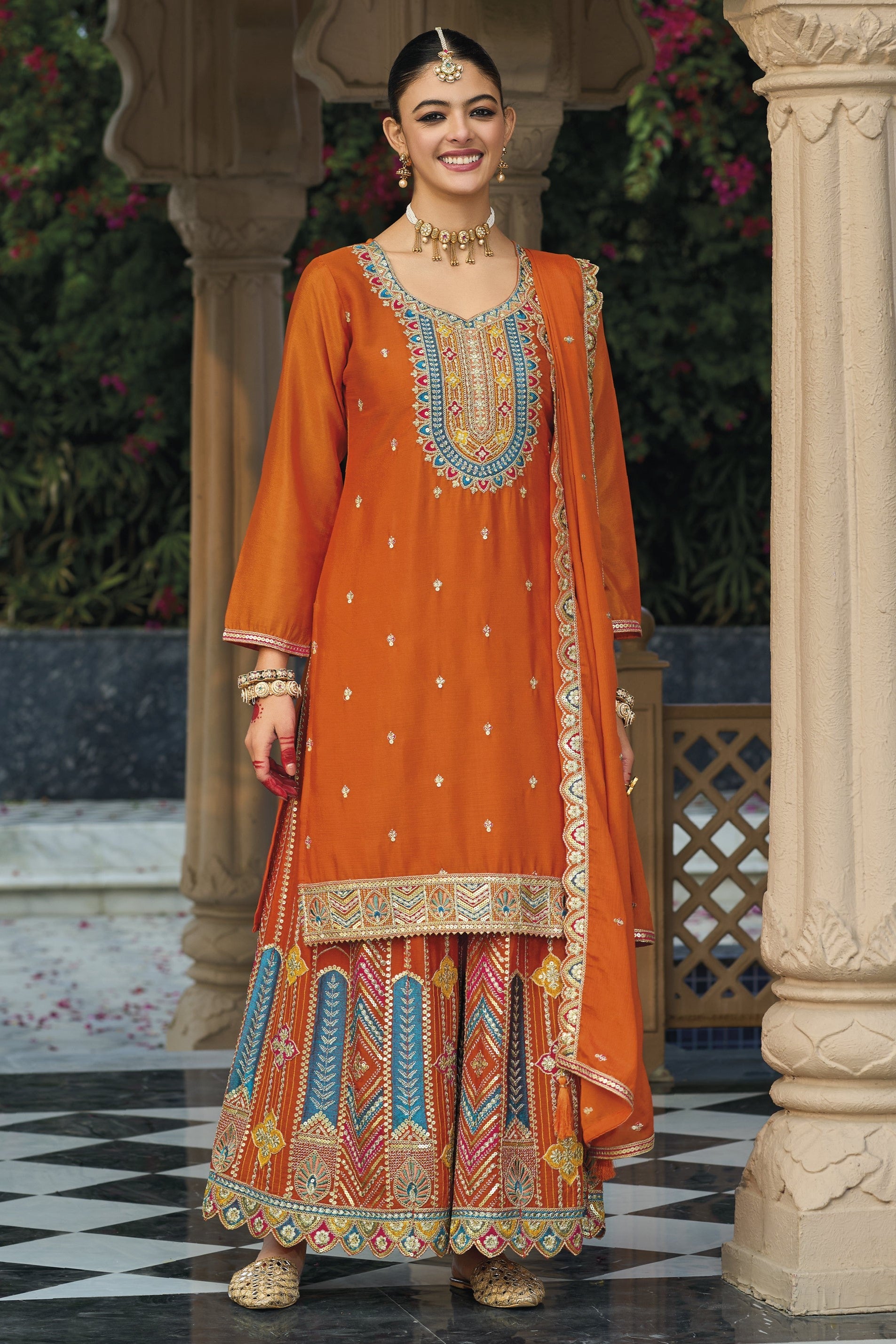 Orange Chinon Silk Plazo Suit For Indian & Pakistani Wedding Festival - Embroidery Work