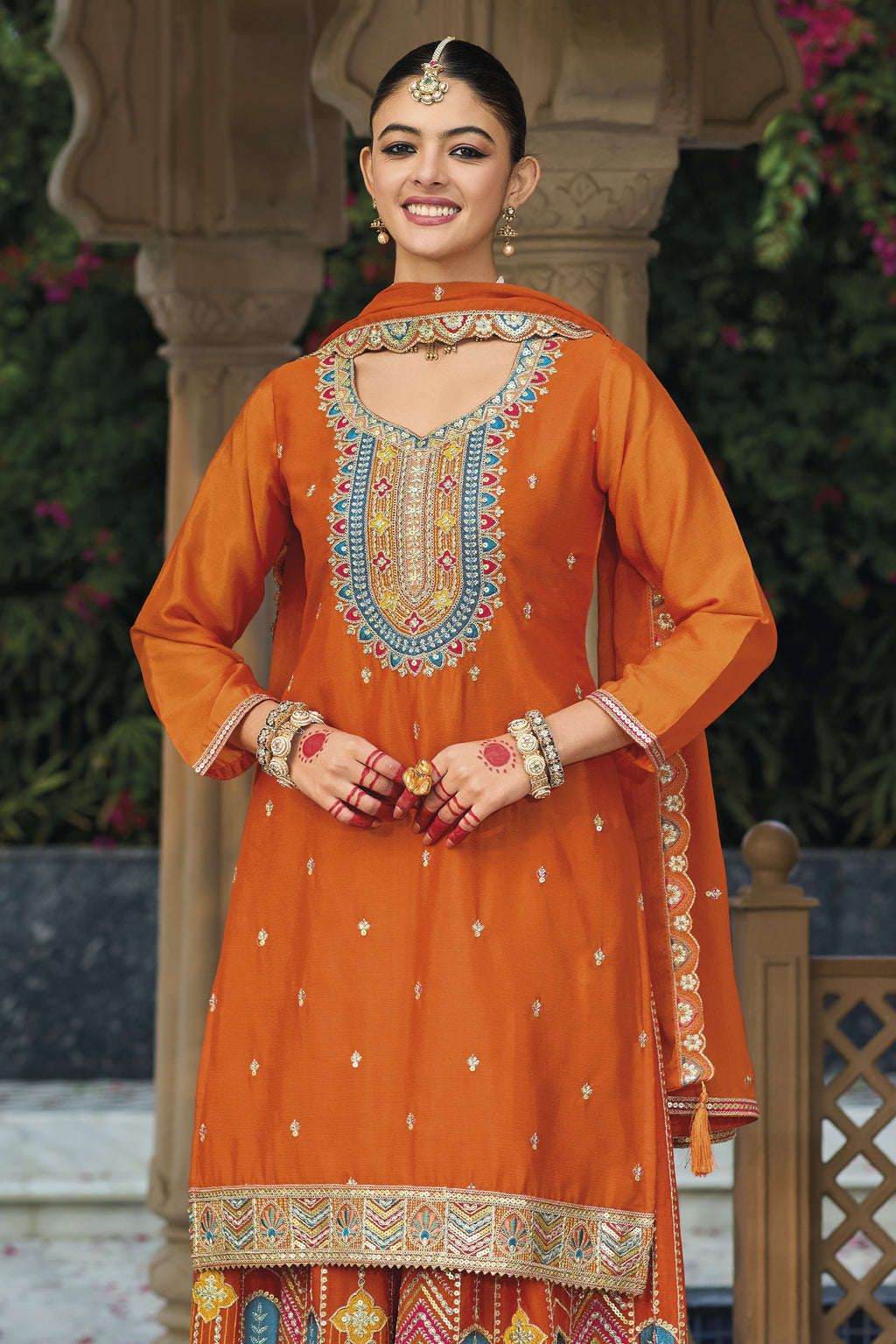 Orange Chinon Silk Plazo Suit For Indian & Pakistani Wedding Festival - Embroidery Work