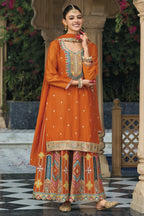 Orange Chinon Silk Plazo Suit For Indian & Pakistani Wedding Festival - Embroidery Work