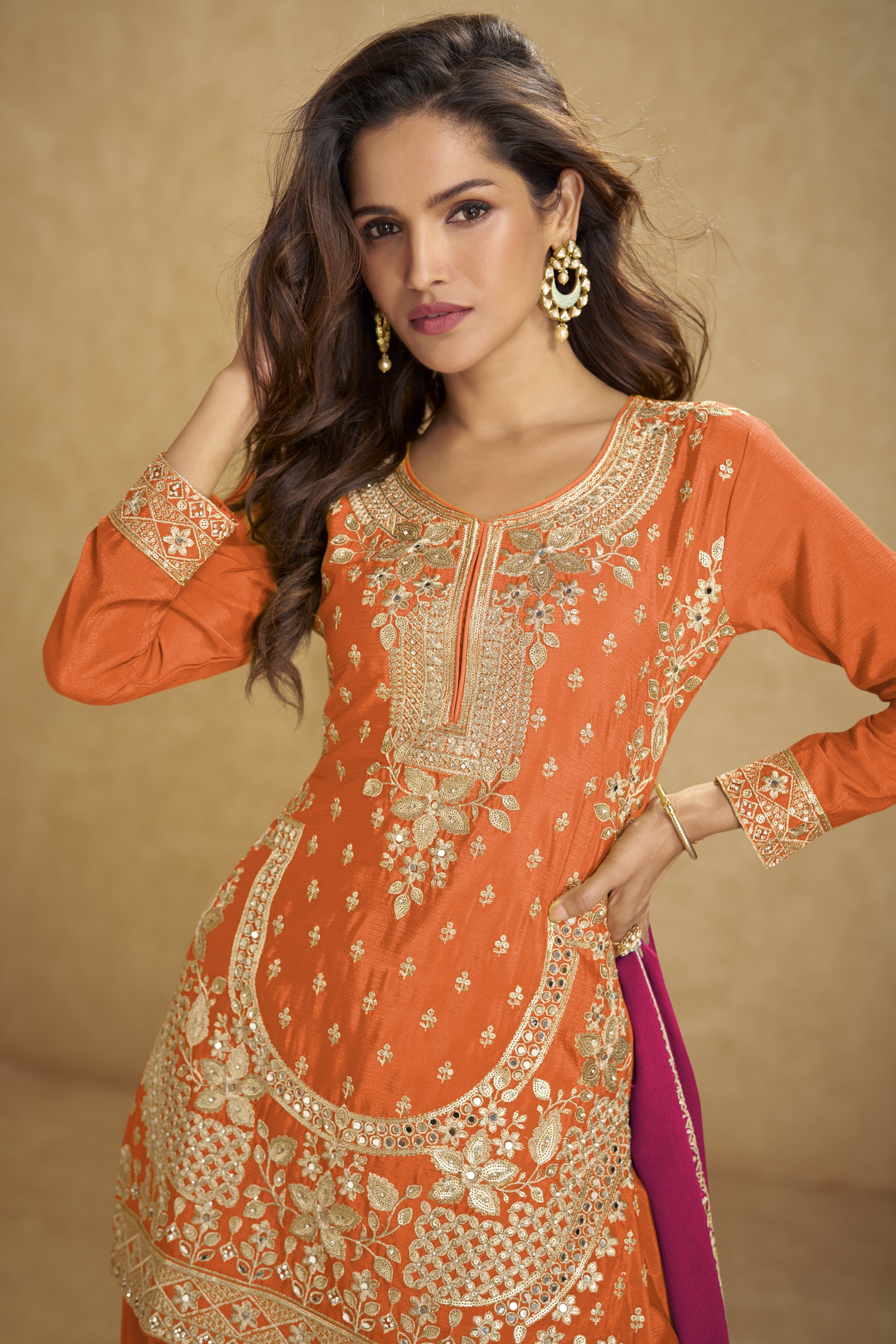 Orange Chinon Silk Plazo Suit For Indian & Pakistani Wedding Festival - Thread Embroidery Work