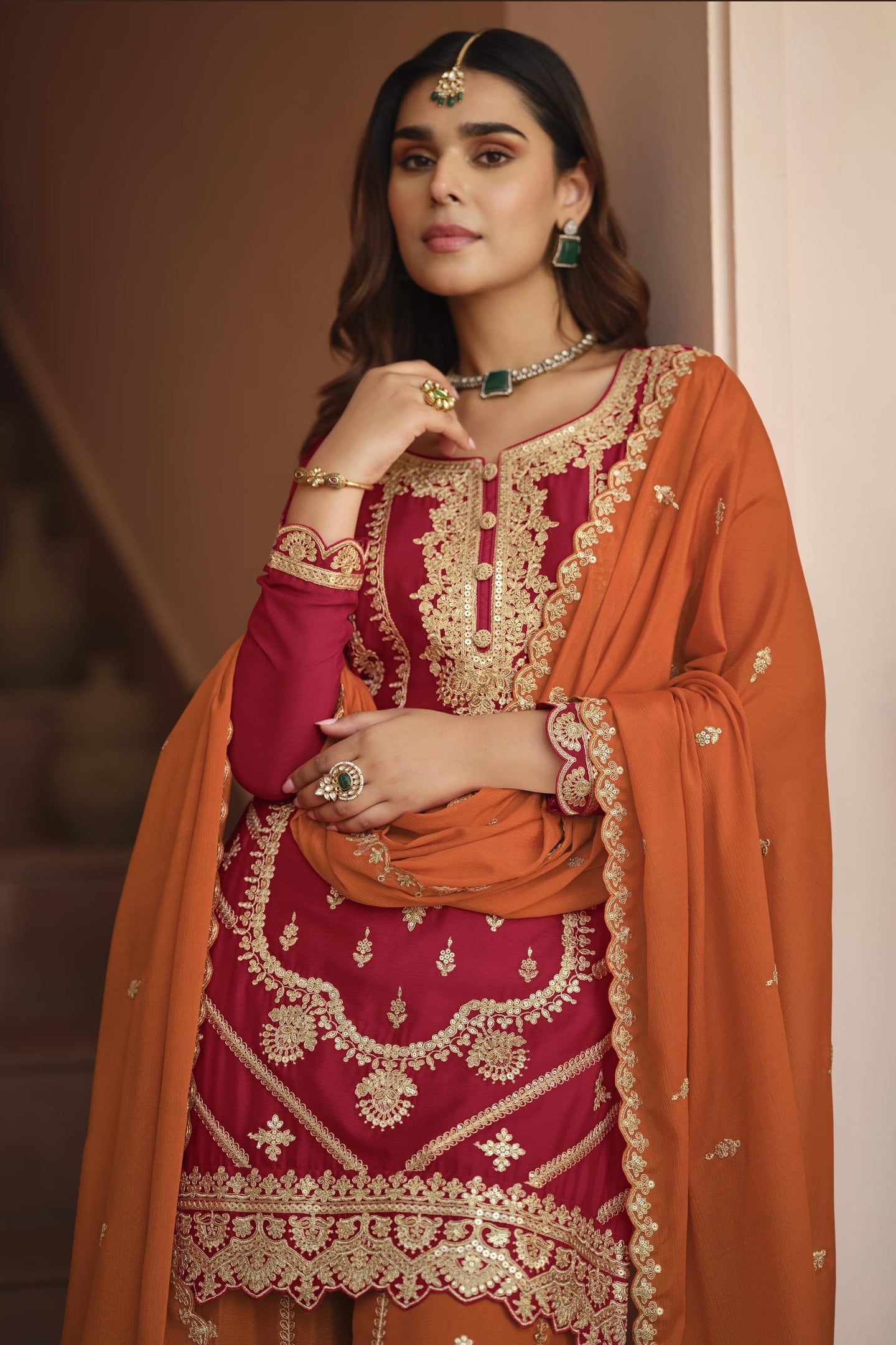 Orange Chinon Silk Plazo Suit For Indian & Pakistani Wedding Festival - Dori Work, Sequence Embroidery Work