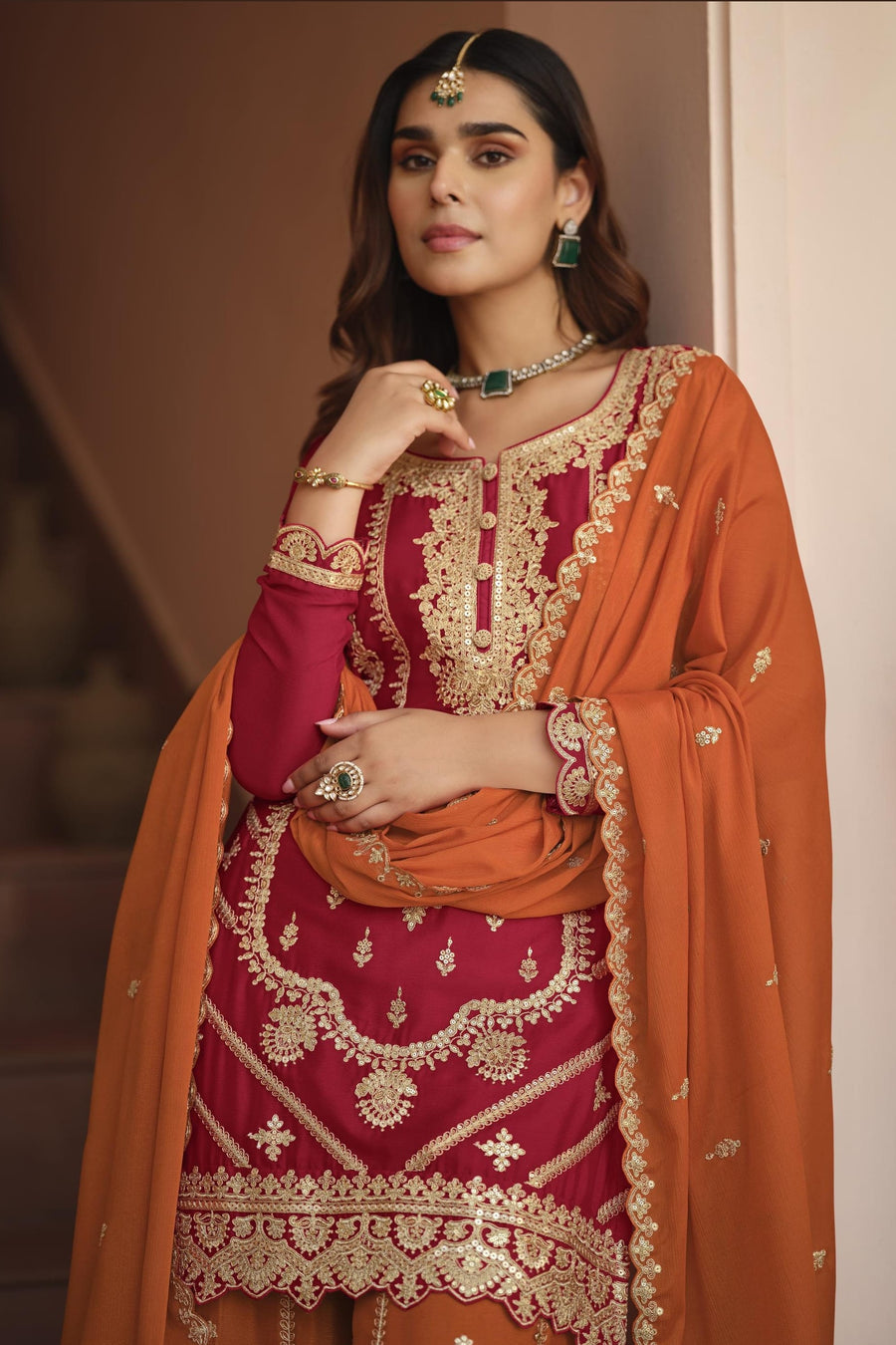 Orange Chinon Silk Plazo Suit For Indian & Pakistani Wedding Festival - Dori Work, Sequence Embroidery Work