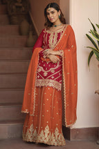 Orange Chinon Silk Plazo Suit For Indian & Pakistani Wedding Festival - Dori Work, Sequence Embroidery Work