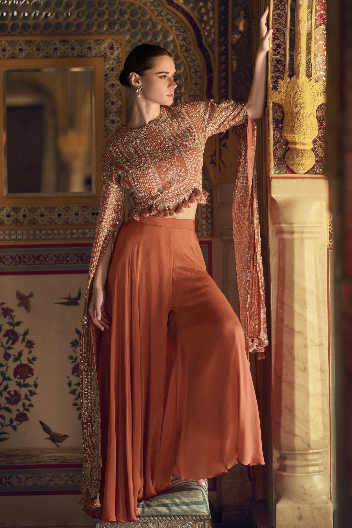 Orange Chinon Silk Plazo Suit For Indian Weddings & Pakitani Festival - Embroidery Work