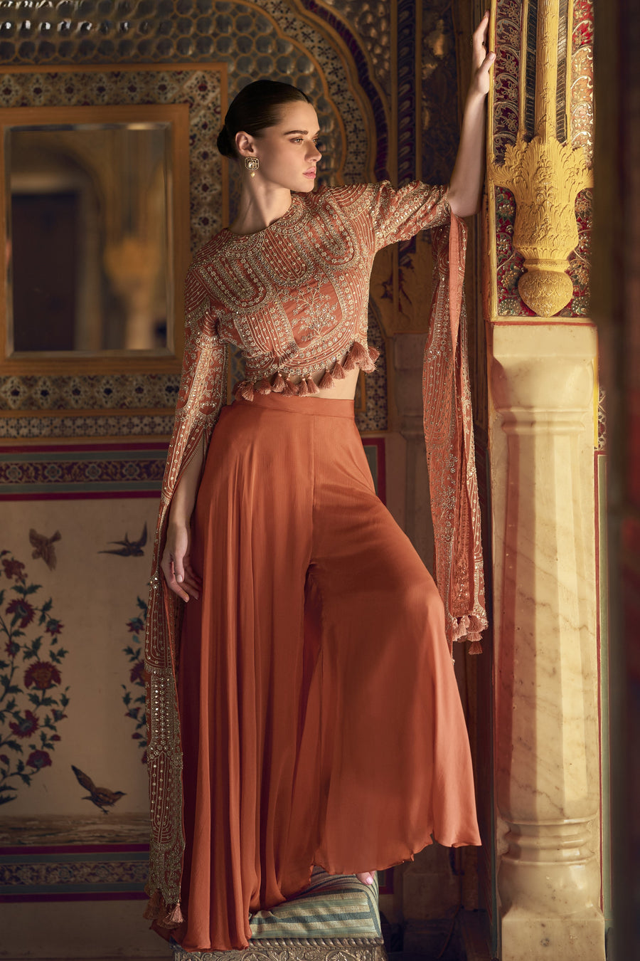 Orange Chinon Silk Plazo Suit For Indian Weddings & Pakitani Festival - Embroidery Work