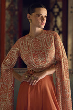 Orange Chinon Silk Plazo Suit For Indian Weddings & Pakitani Festival - Embroidery Work