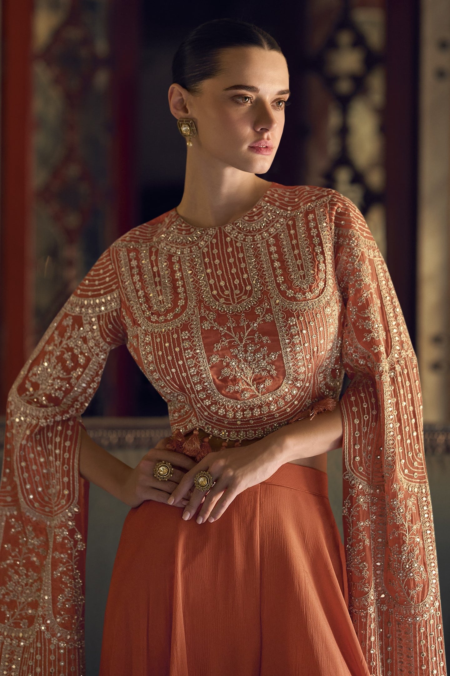 Orange Chinon Silk Plazo Suit For Indian Weddings & Pakitani Festival - Embroidery Work