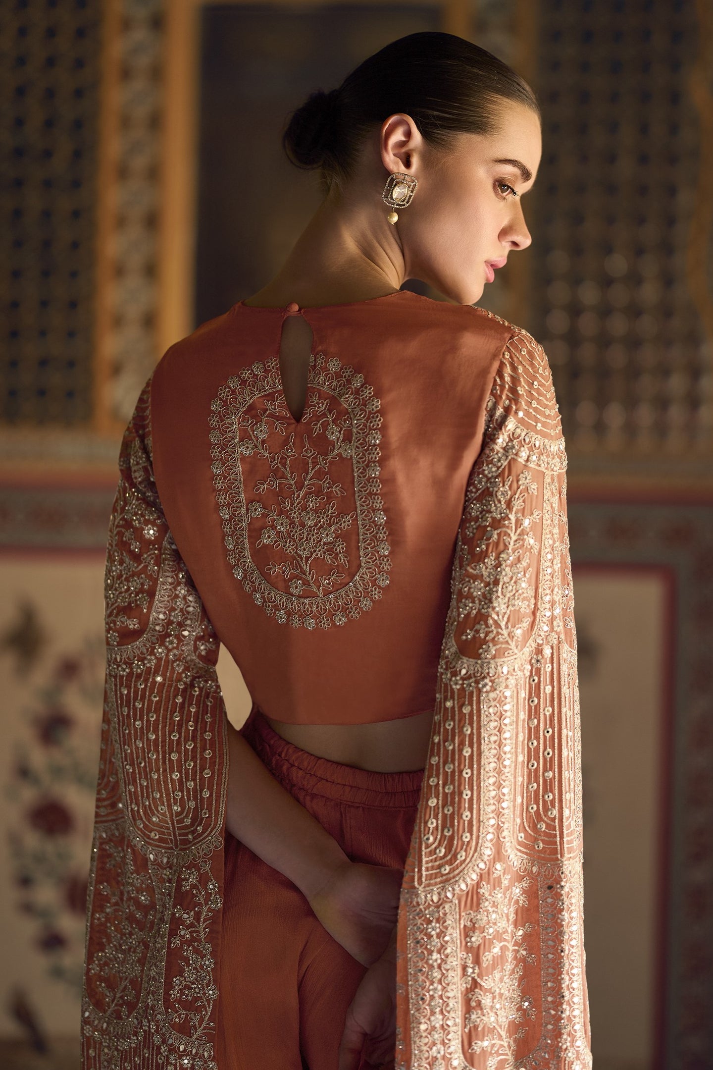 Orange Chinon Silk Plazo Suit For Indian Weddings & Pakitani Festival - Embroidery Work