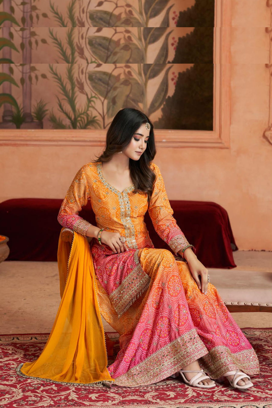 Orange Dual Color Chinon Silk Bandhani Style Pattern Palazzo Suit with Chiffon Dupatta For Indian Festivals & Weddings - Sequence Embroidery Work, Mirror Work, Print Work Copy