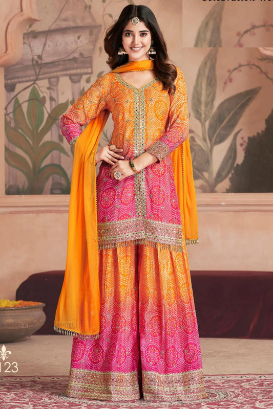 Orange Dual Color Chinon Silk Bandhani Style Pattern Palazzo Suit with Chiffon Dupatta For Indian Festivals & Weddings - Sequence Embroidery Work, Mirror Work, Print Work Copy