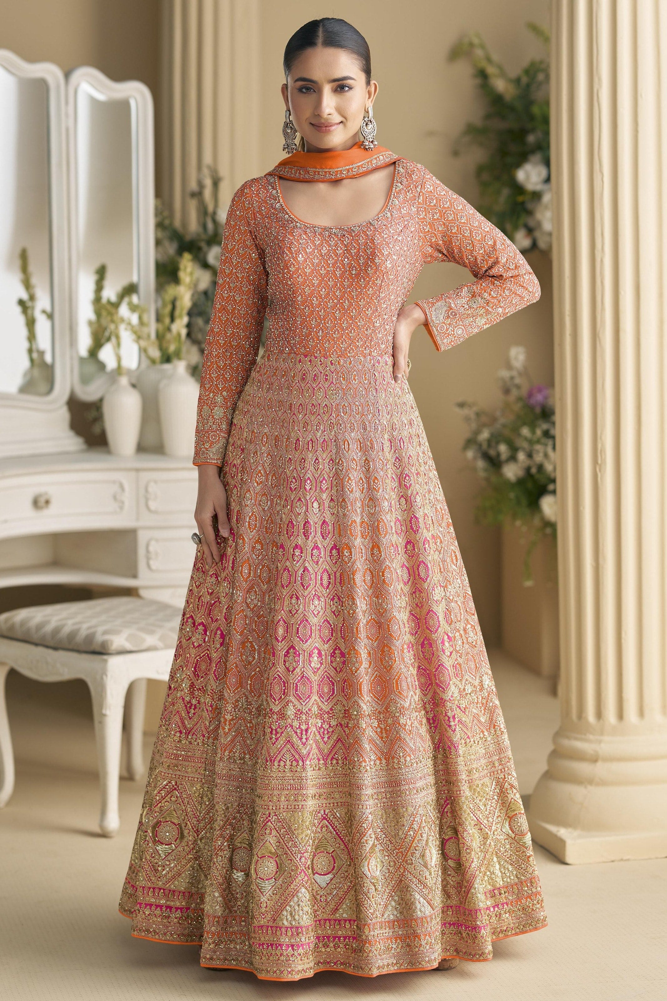 Orange Georgette Anarkali Suit For Indian & Pakistani Wedding Festival - Sequins & Thread Embroidery Work
