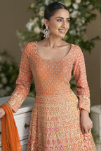 Orange Georgette Anarkali Suit For Indian & Pakistani Wedding Festival - Sequins & Thread Embroidery Work