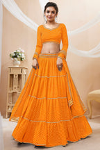 Orange Georgette Full Sleeve Lehenga Choli For Indian & Pakistani Wedding Festival - Print Work