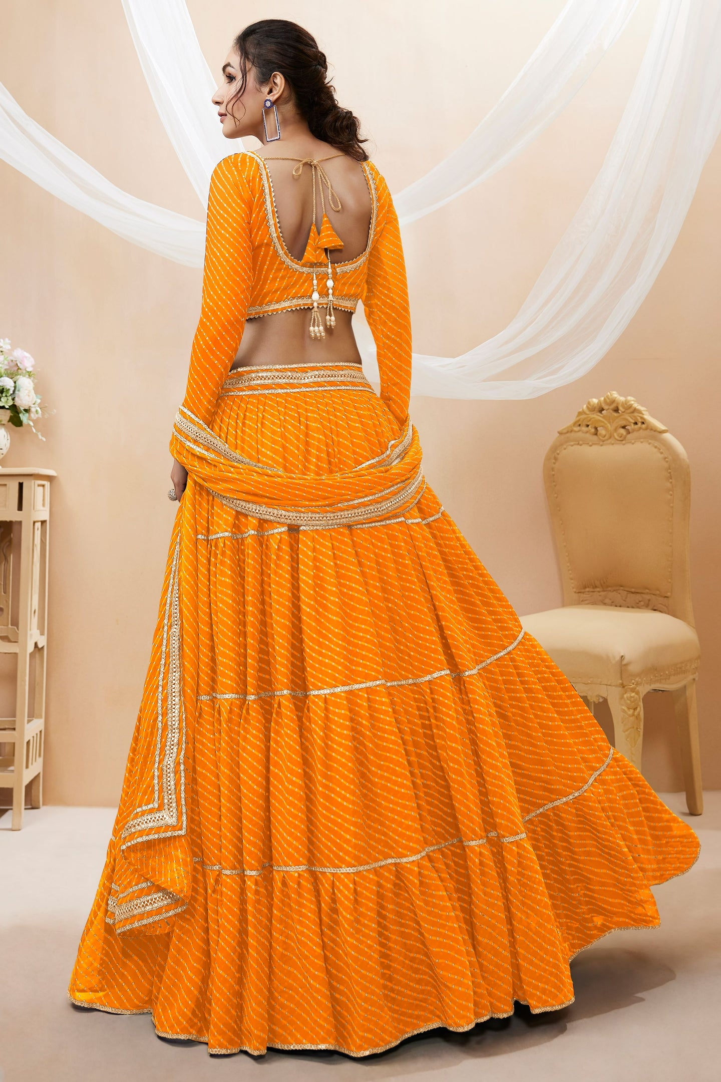 Orange Georgette Full Sleeve Lehenga Choli For Indian & Pakistani Wedding Festival - Print Work