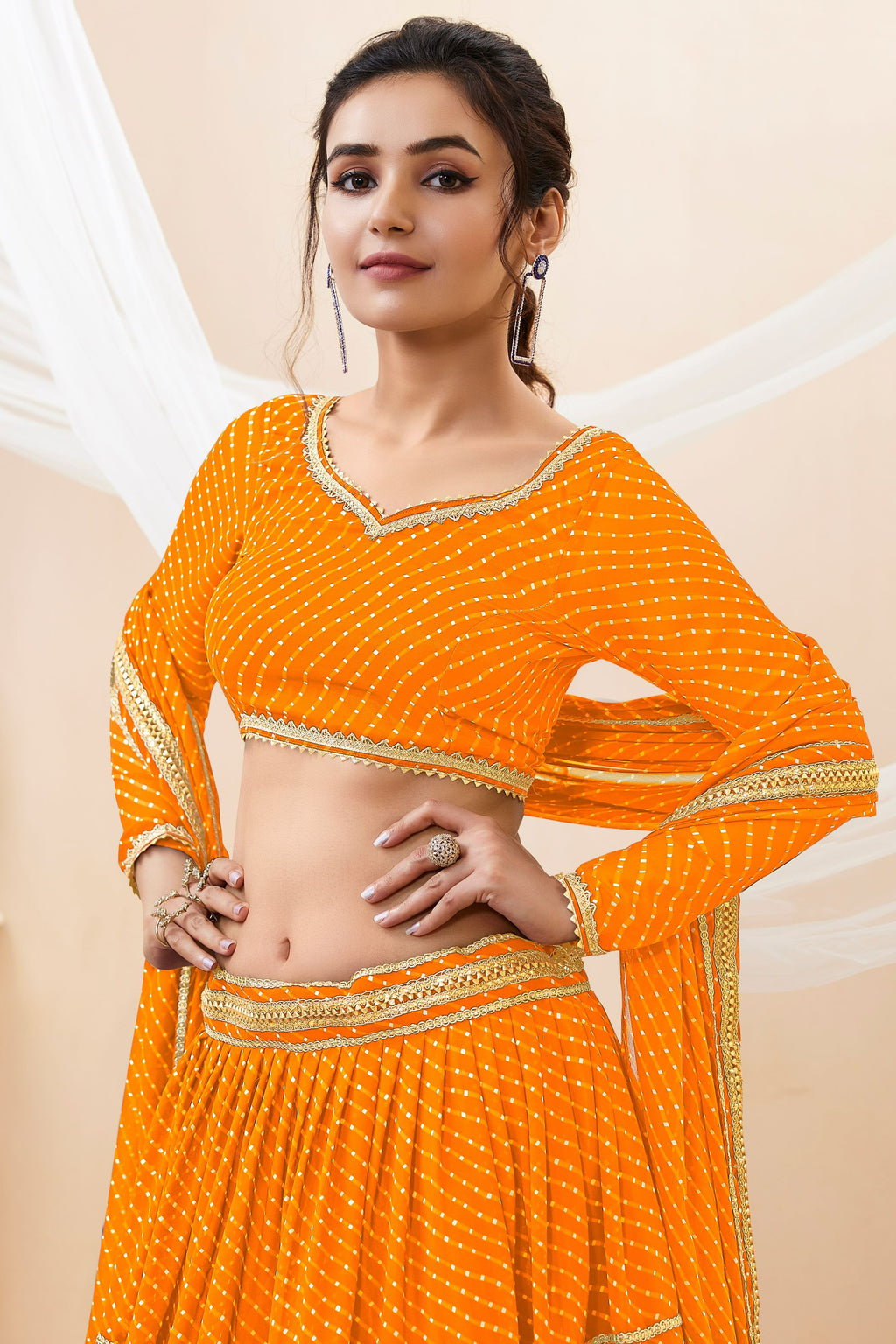 Orange Georgette Full Sleeve Lehenga Choli For Indian & Pakistani Wedding Festival - Print Work