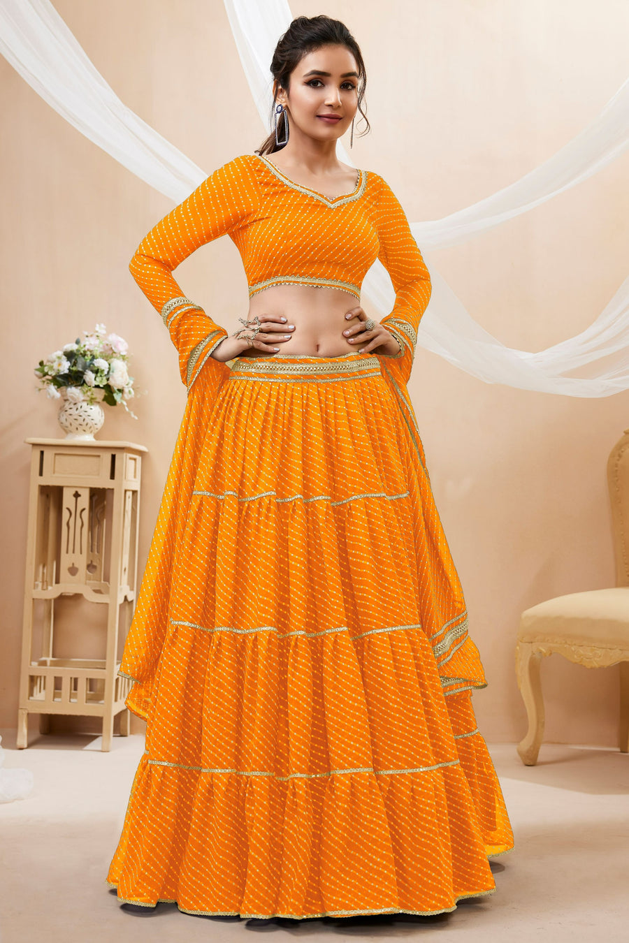 Orange Georgette Full Sleeve Lehenga Choli For Indian & Pakistani Wedding Festival - Print Work