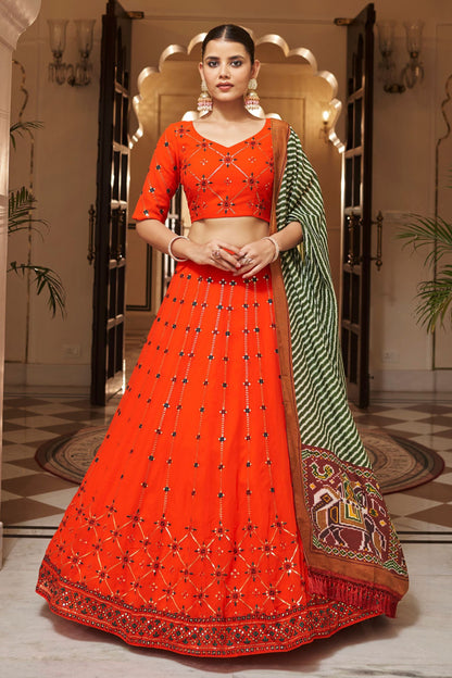 Orange Georgette Lehengas Choli For Indian Festivals & Weddings - Sequence Embroidery Work, Print Work