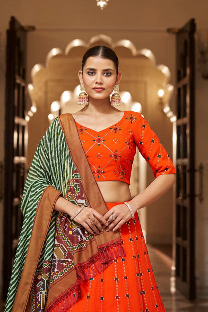 Orange Georgette Lehengas Choli For Indian Festivals & Weddings - Sequence Embroidery Work, Print Work