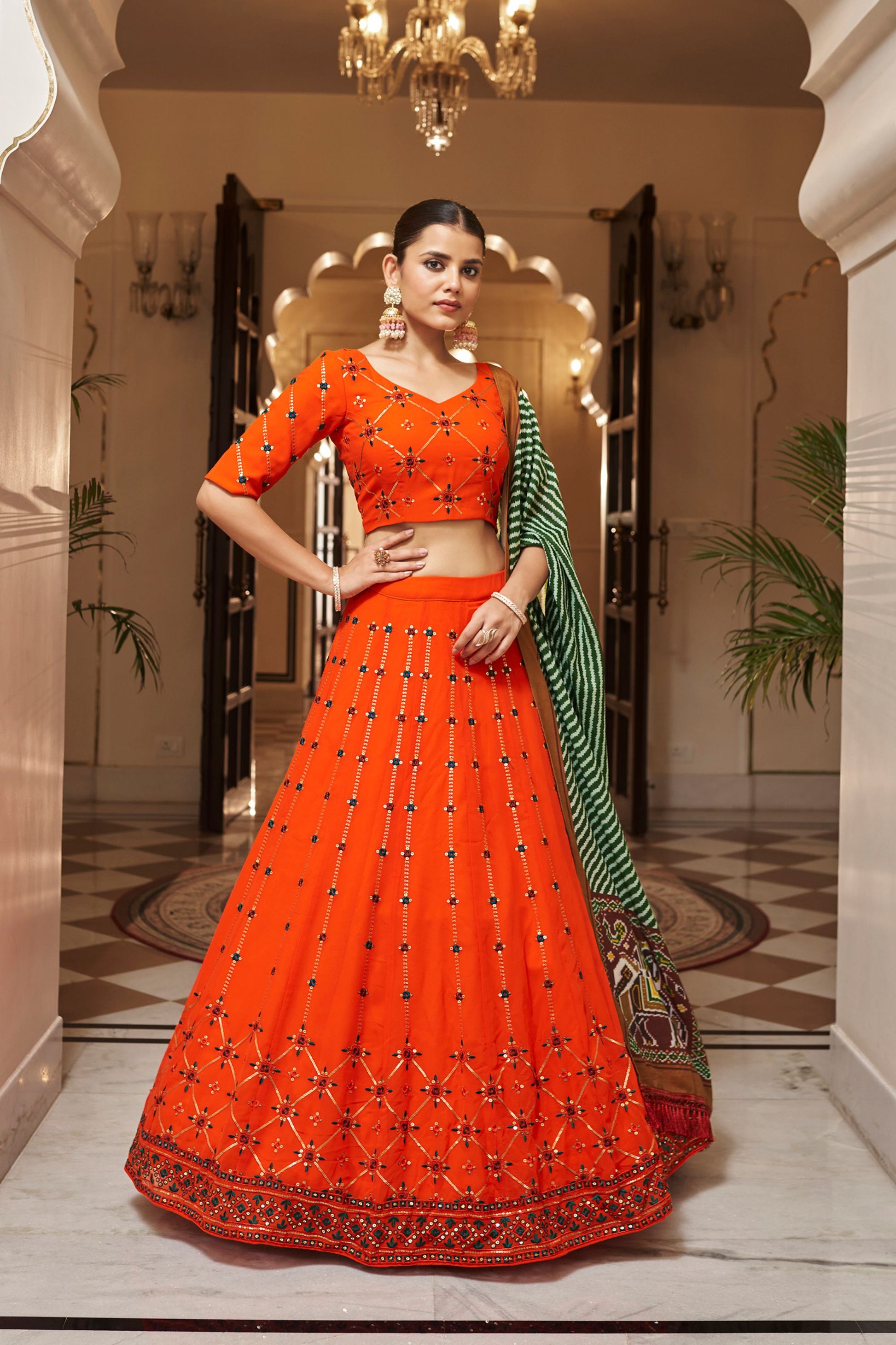 Orange Georgette Lehengas Choli For Indian Festivals & Weddings - Sequence Embroidery Work, Print Work