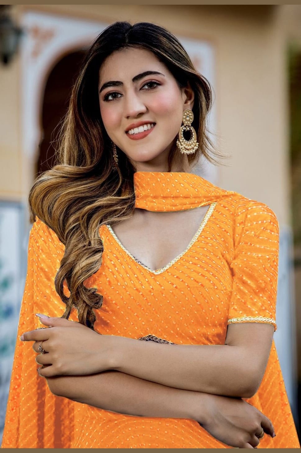Orange Georgette Leriya Print Lehenga Choli For Indian & Pakistani Wedding Festival - Print Work, Zari Work