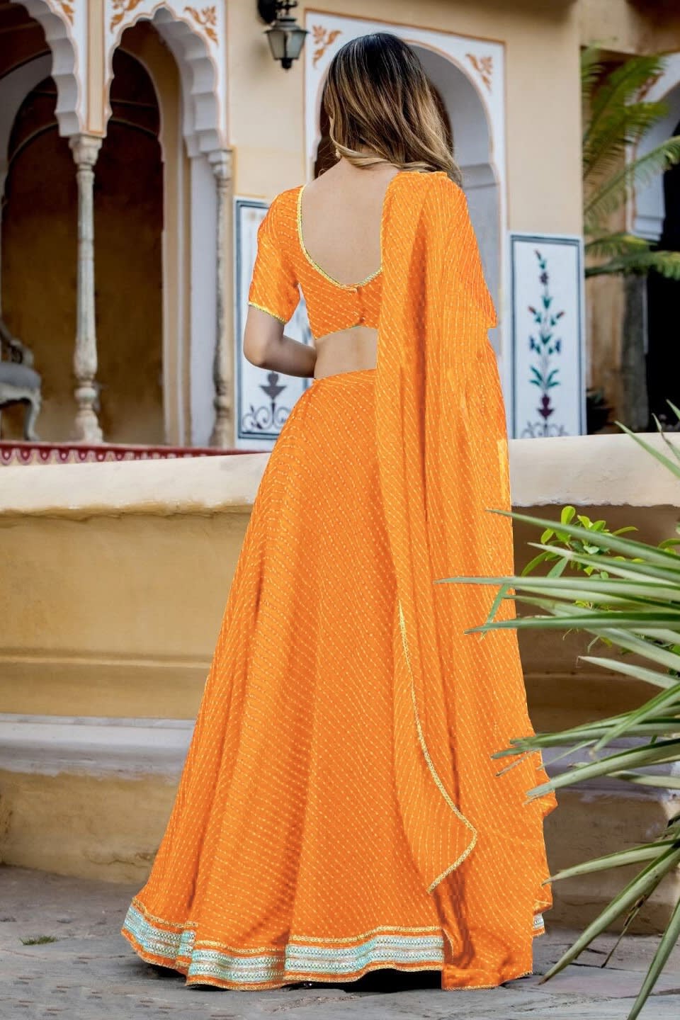 Orange Georgette Leriya Print Lehenga Choli For Indian & Pakistani Wedding Festival - Print Work, Zari Work