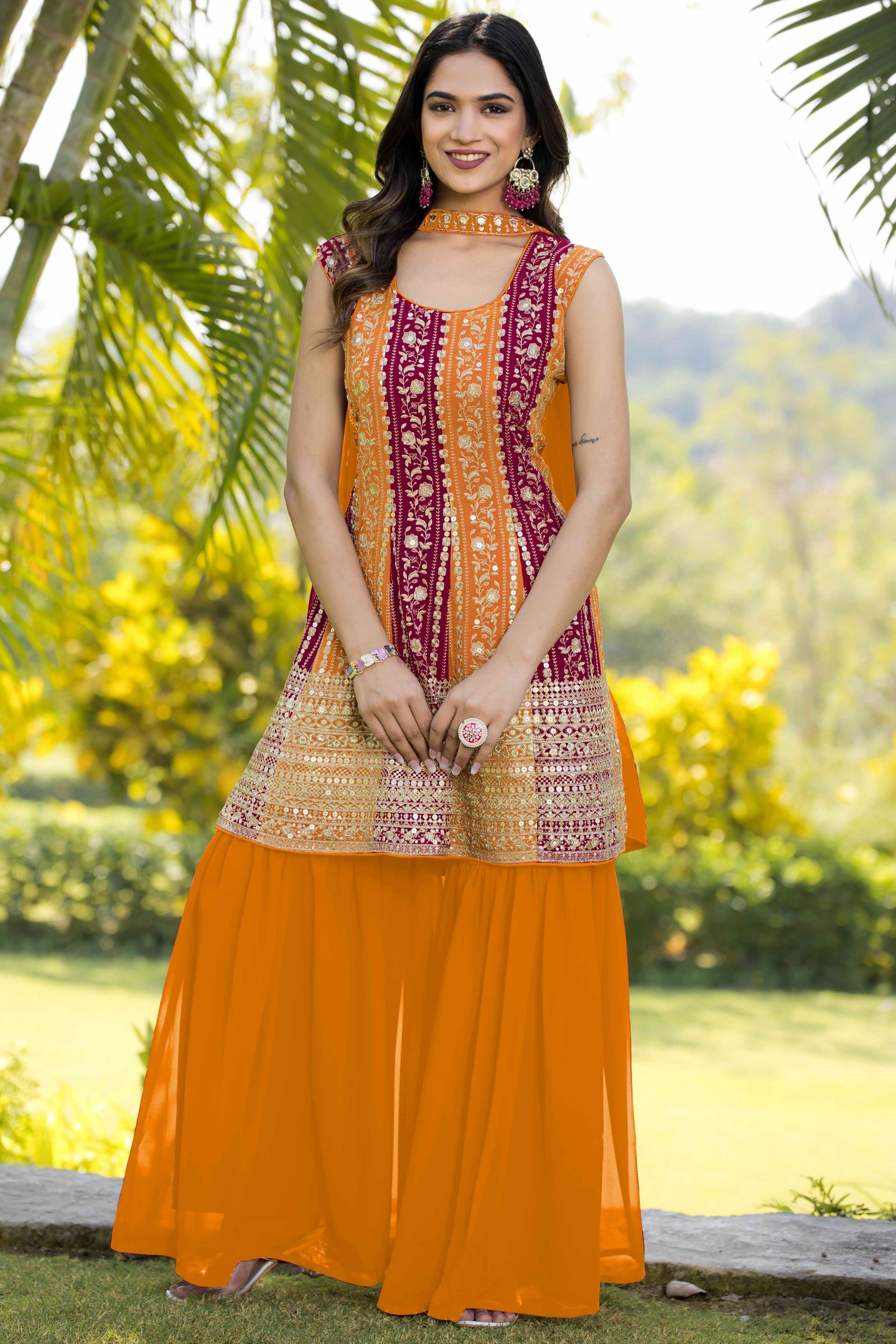 Orange Georgette Sharara Suit For Women Indian Festivals & Weddings - Embroidery Work