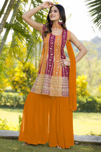 Orange Georgette Sharara Suit For Women Indian Festivals & Weddings - Embroidery Work