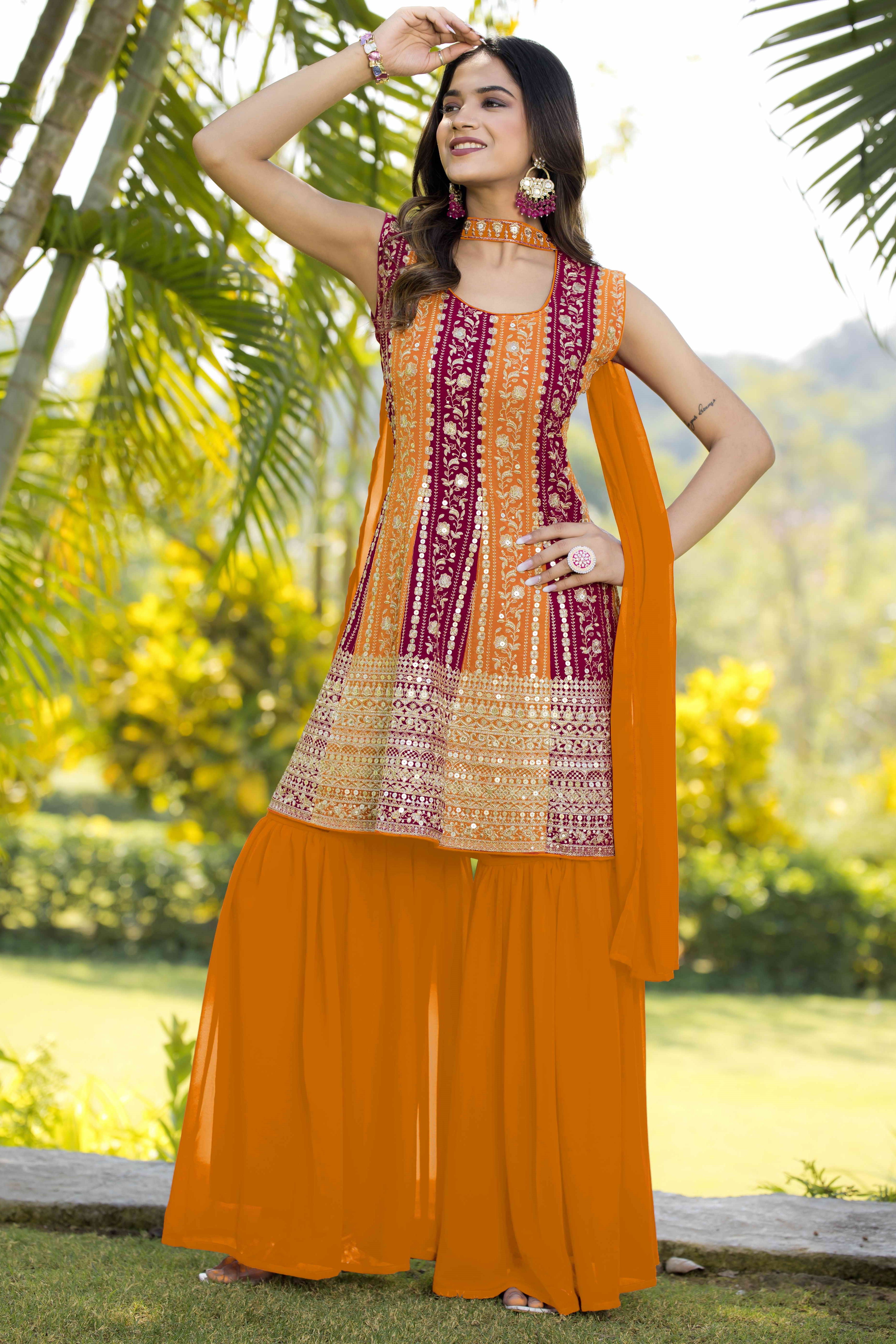 Orange Georgette Sharara Suit For Women Indian Festivals & Weddings - Embroidery Work