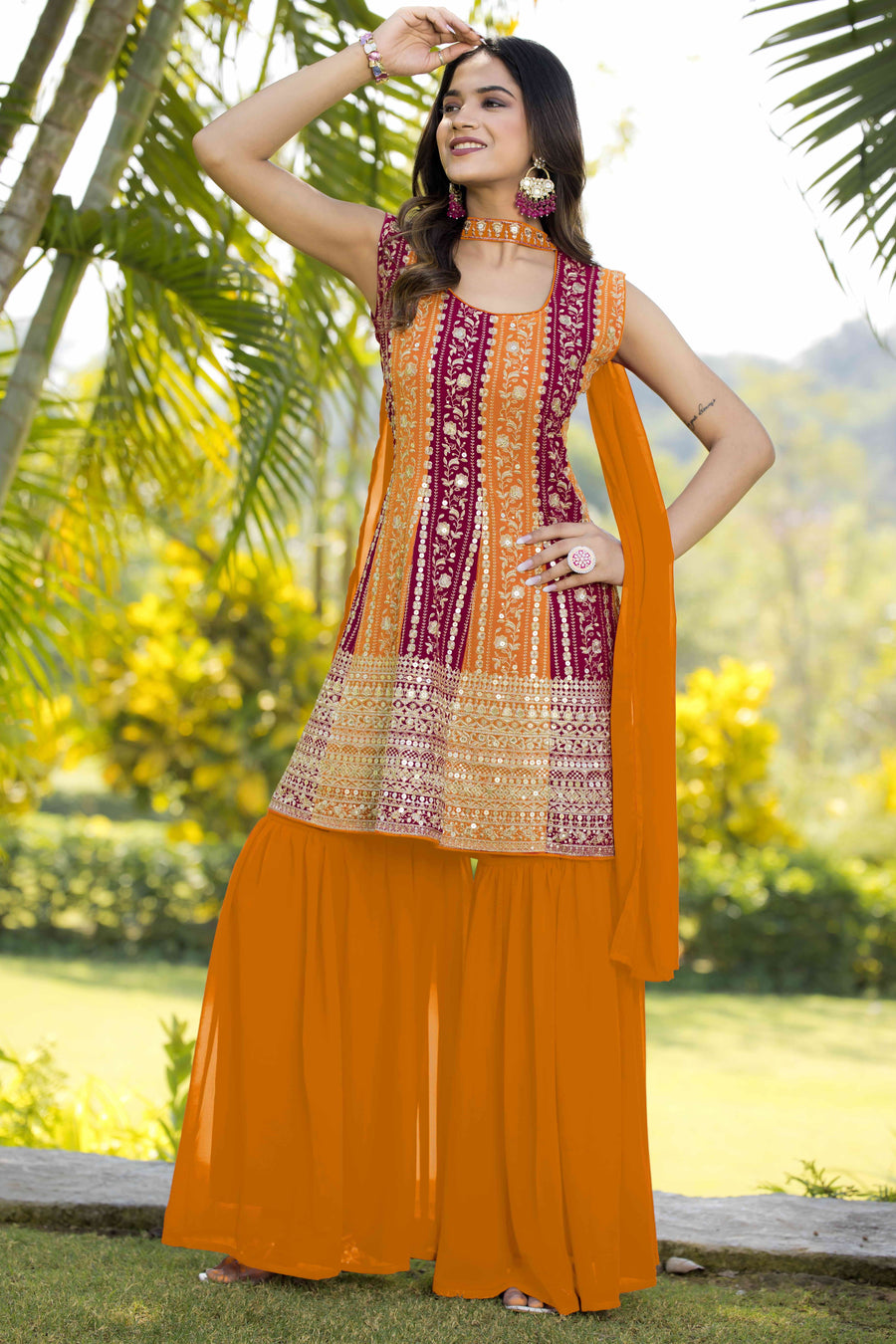 Orange Georgette Sharara Suit For Women Indian Festivals & Weddings - Embroidery Work
