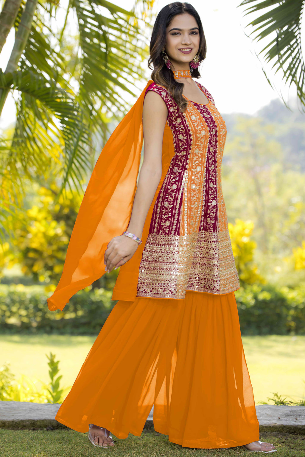 Orange Georgette Sharara Suit For Women Indian Festivals & Weddings - Embroidery Work