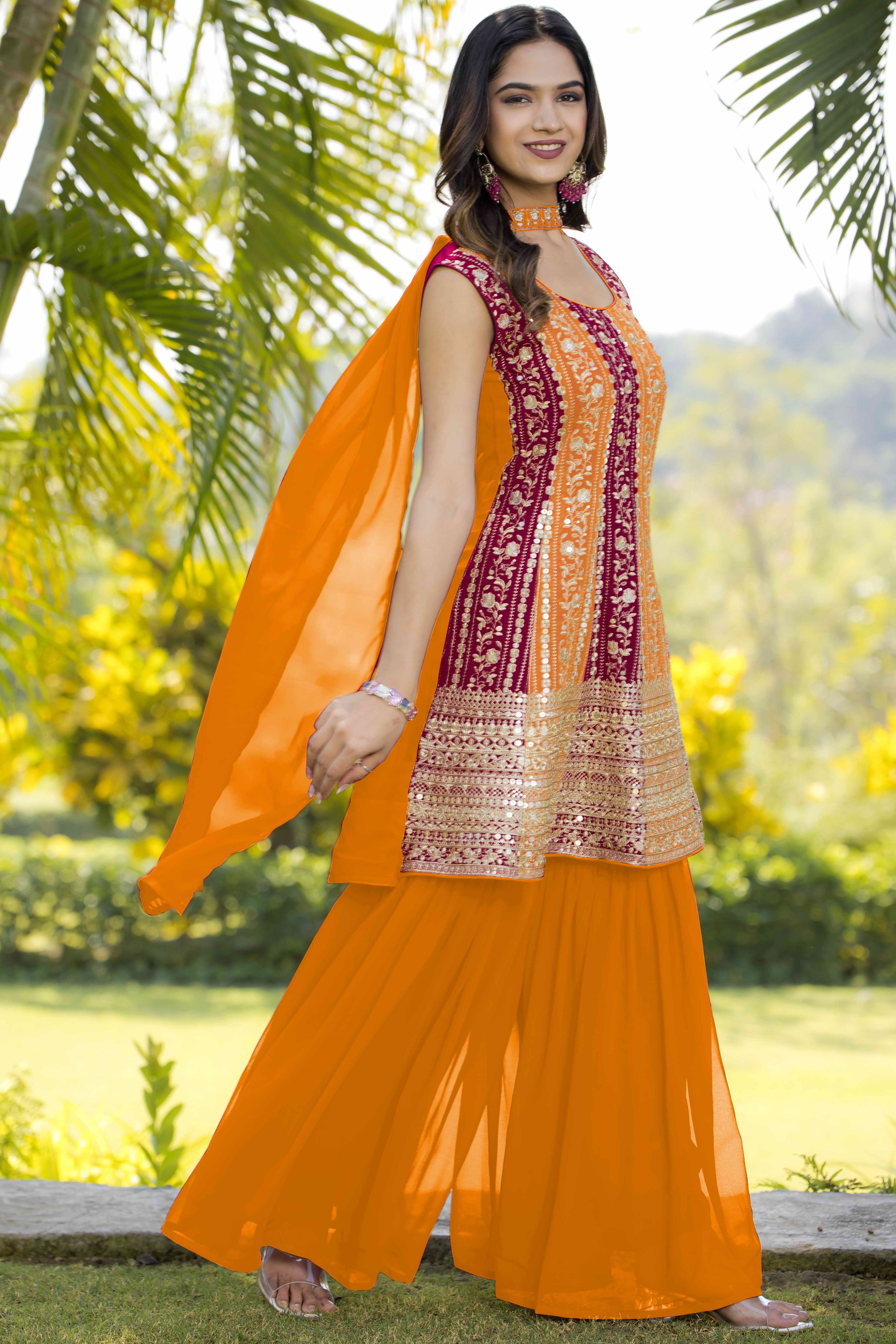 Orange Georgette Sharara Suit For Women Indian Festivals & Weddings - Embroidery Work