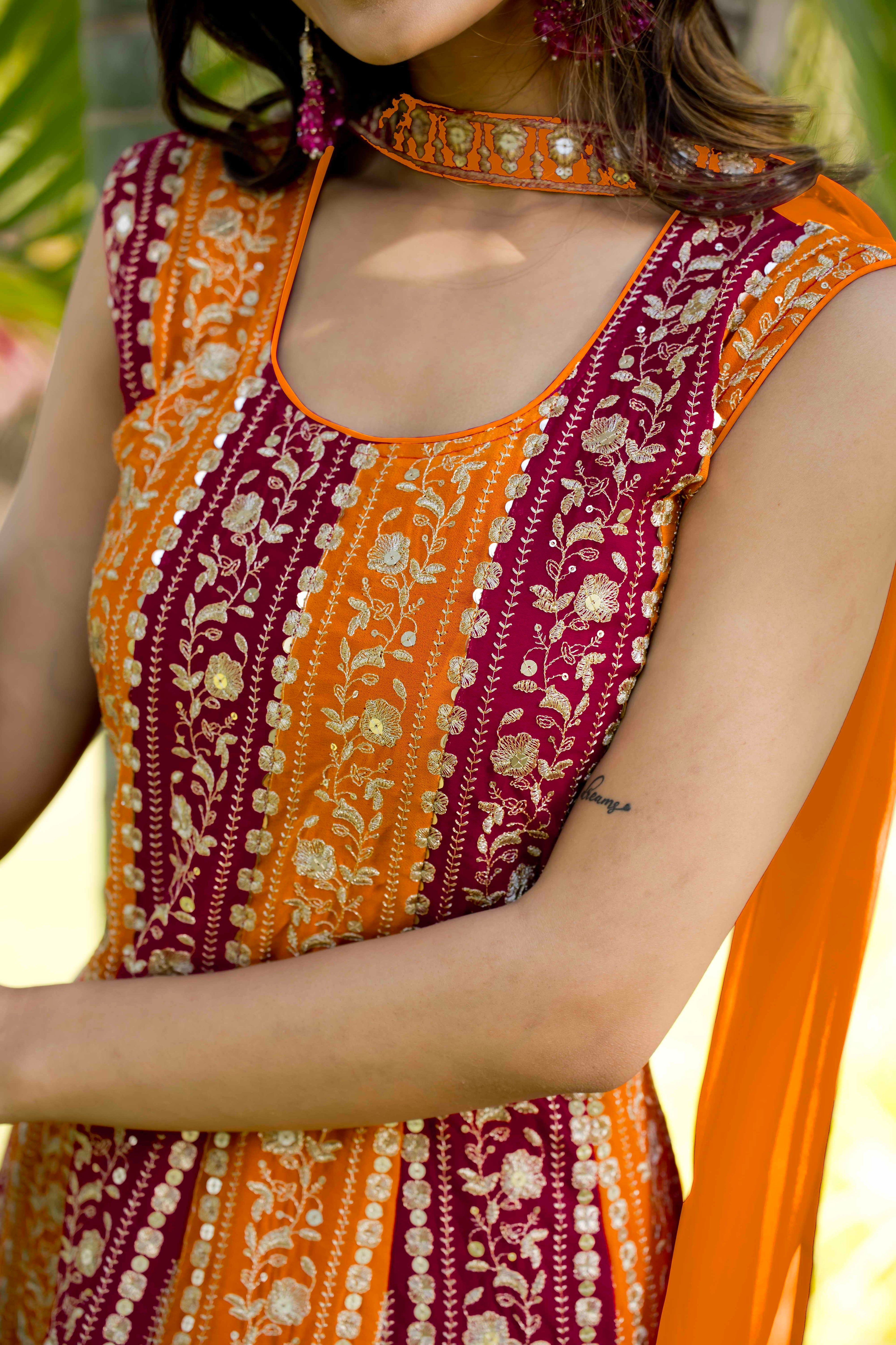 Orange Georgette Sharara Suit For Women Indian Festivals & Weddings - Embroidery Work