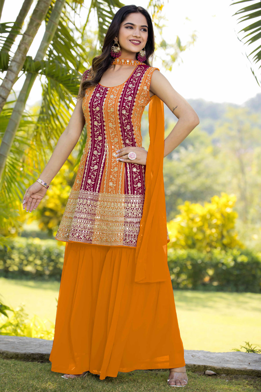 Orange Georgette Sharara Suit For Women Indian Festivals & Weddings - Embroidery Work