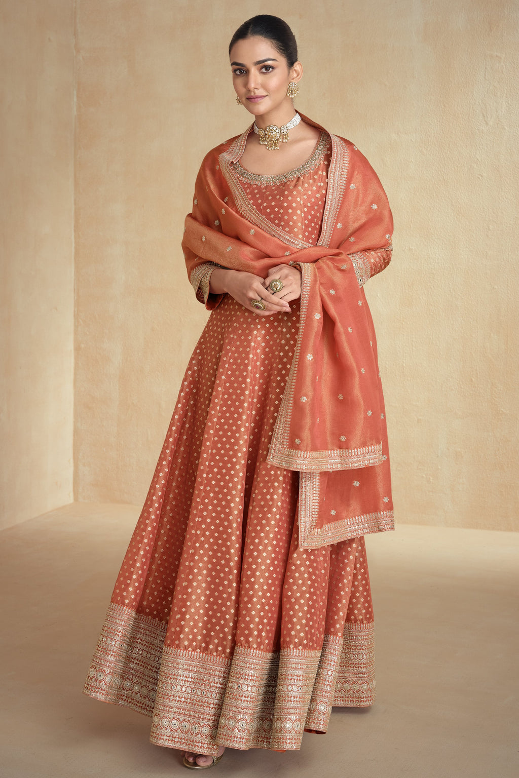 Orange Jacquard Silk Anarkali Suit For Indian Festival & Pakistani Weddings - Embroidery Work