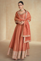 Orange Jacquard Silk Anarkali Suit For Indian Festival & Pakistani Weddings - Embroidery Work