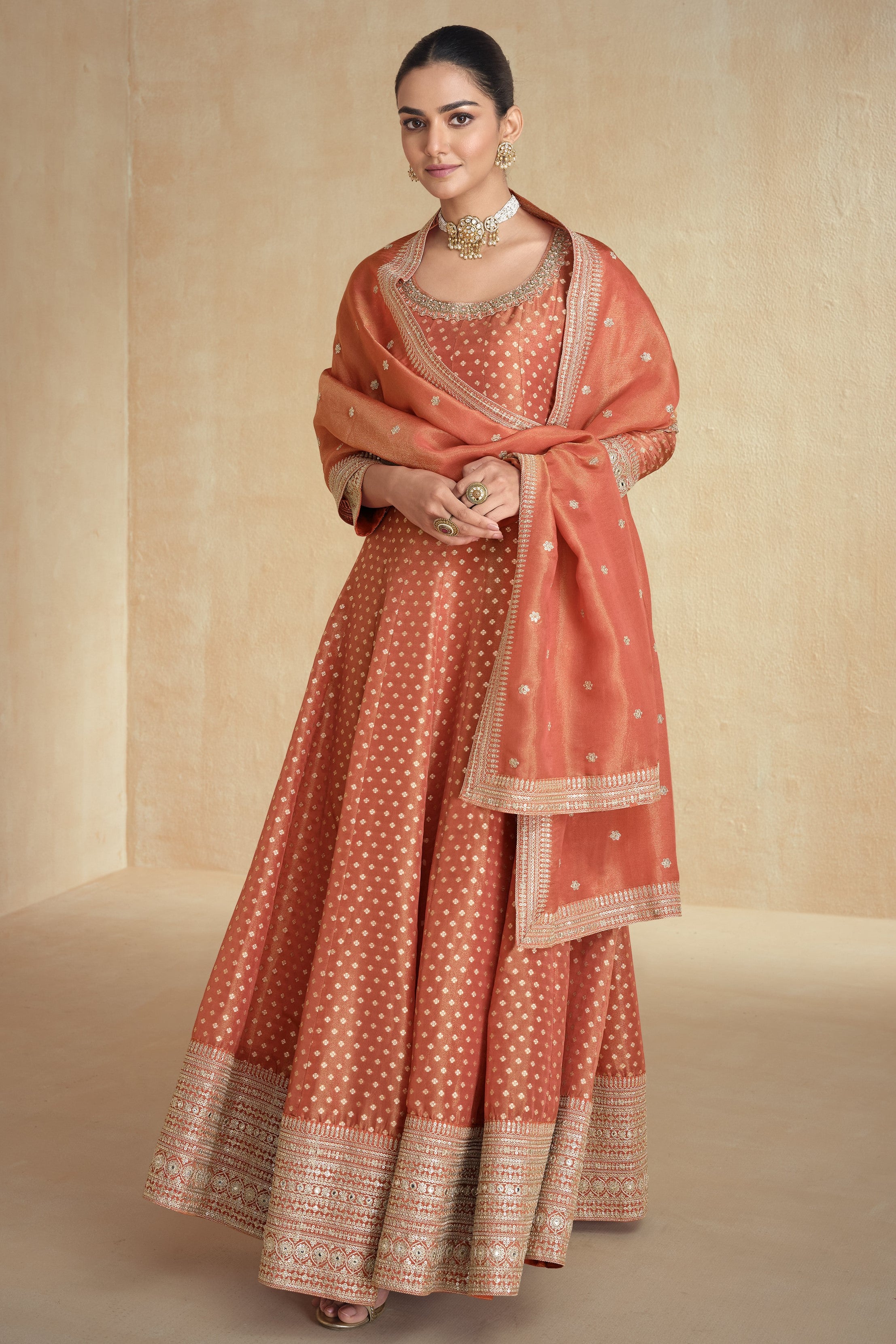 Orange Jacquard Silk Anarkali Suit For Indian Festival & Pakistani Weddings - Embroidery Work