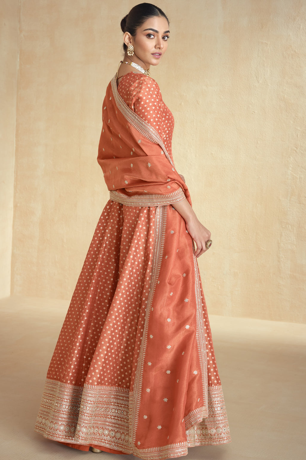 Orange Jacquard Silk Anarkali Suit For Indian Festival & Pakistani Weddings - Embroidery Work