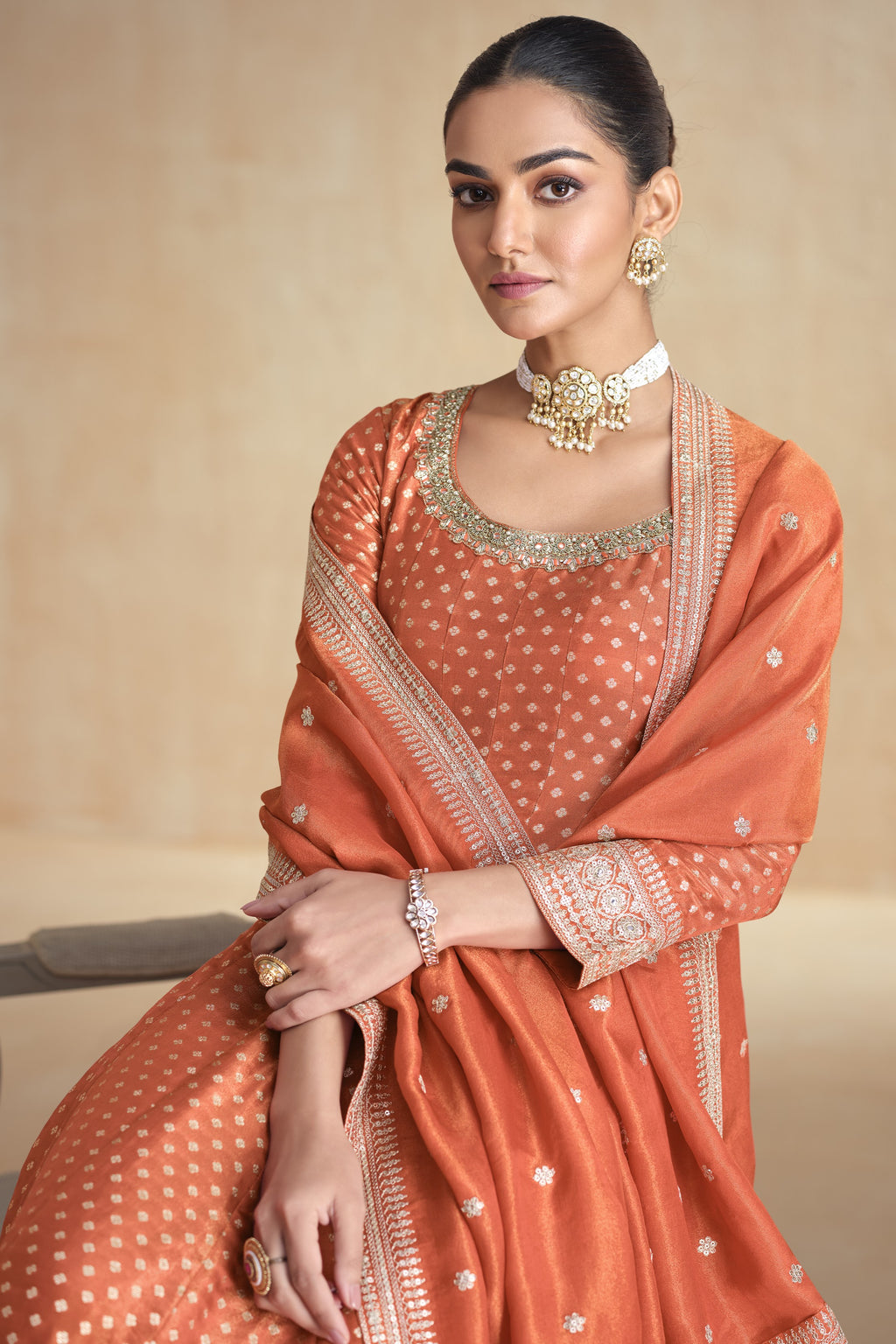 Orange Jacquard Silk Anarkali Suit For Indian Festival & Pakistani Weddings - Embroidery Work