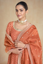 Orange Jacquard Silk Anarkali Suit For Indian Festival & Pakistani Weddings - Embroidery Work